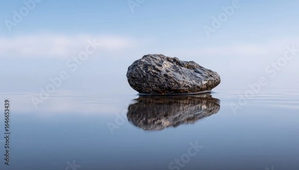Fototapeta A dark, irregular rock floats serenely on calm, reflective water under a pale blue sky, its mirror image perfectly depicted