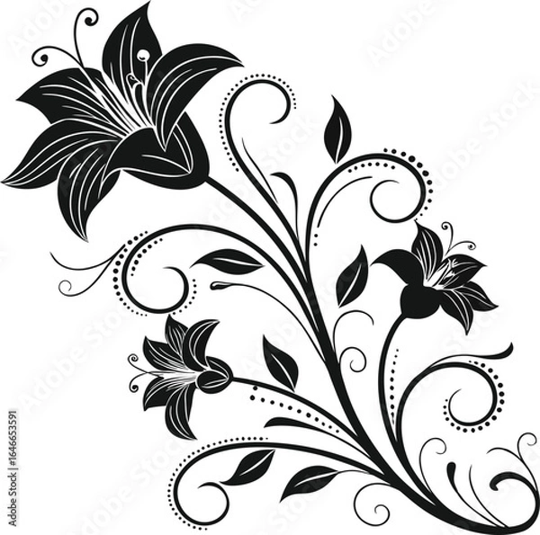 Obraz Floral Illustration Featuring Three Stylized Flowers with Swirling Vines and Intricate Petal Details in Black and White for Decorative, Botanical, and Graphic Design Applications