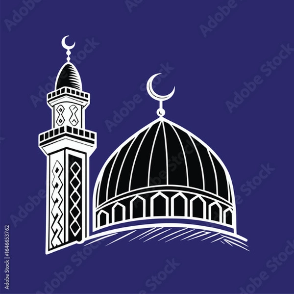 Obraz Mosque Illustration Featuring Crescent Moon, Dome, and Minaret with Geometric Patterns on Dark Blue Background for Islamic Architecture, Religion, and Cultural Design Themes
