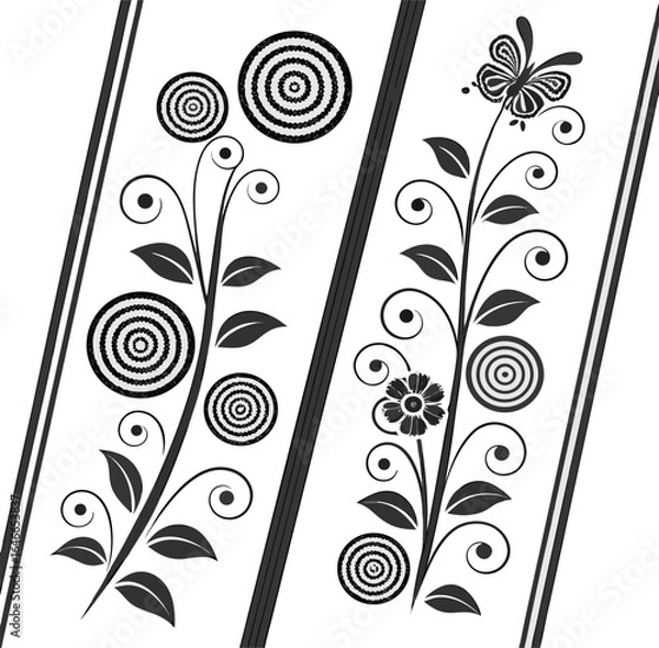 Obraz Floral Panel Illustration Featuring Concentric Flowers, Swirling Leaves, and Butterfly Motif in Black and White for Decorative, Botanical, and Graphic Design Applications