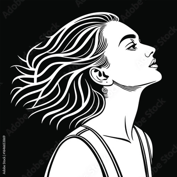 Obraz Minimalist Line Art Illustration of Woman with Flowing Hair in Sleeveless Top on Black Background for Fashion, Beauty, and Editorial Design Concepts