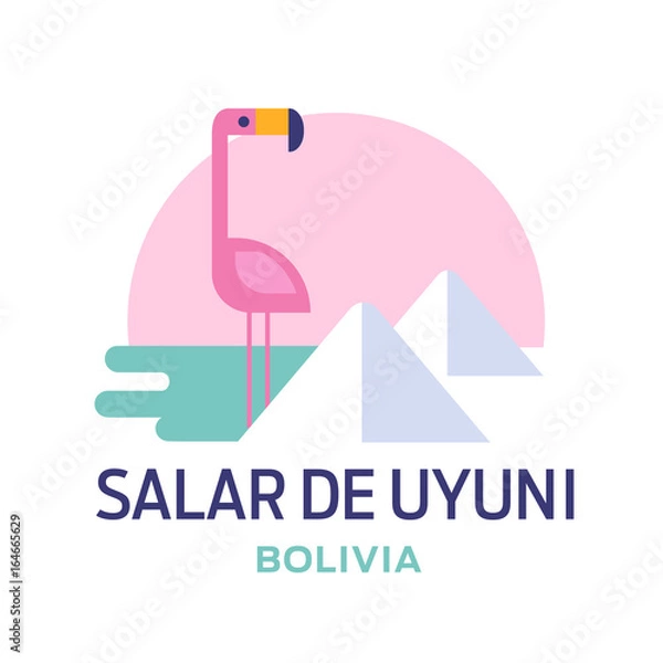 Obraz Ilustracja wektorowa flaminga i soli dla naklejki lub etykiety Salar de Uyuni. Boliwia