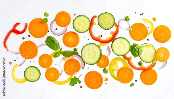 Obraz Scattered, sliced vegetables on white