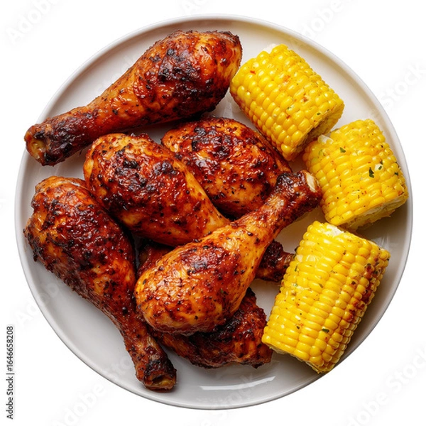 Obraz bbq chicken drumsticks and corn on white plate, top view on white background