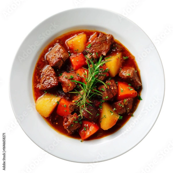 Obraz Beef stew, on a white plate, top view