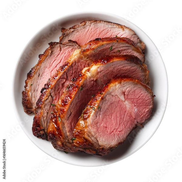 Obraz ceramic white plate, sliced inside round beef roast, top view, food photography, studio light, photorealistic, sharp focus
