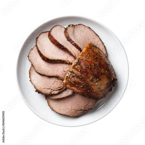 Obraz ceramic white plate, sliced inside round beef roast, top view, food photography, studio light, photorealistic, sharp focus on transparent background