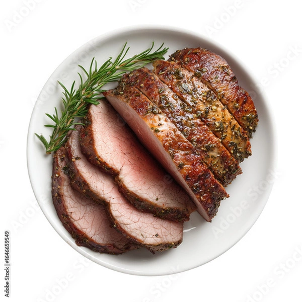 Obraz ceramic white plate, sliced inside round beef roast, top view, food photography, studio light, photorealistic, sharp focus