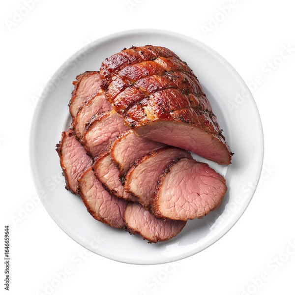 Obraz ceramic white plate, sliced inside round beef roast, top view, food photography, studio light, photorealistic, sharp focus