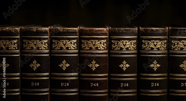 Fototapeta Dark Brown Antique Books with Gilt Details in Row on Shelf