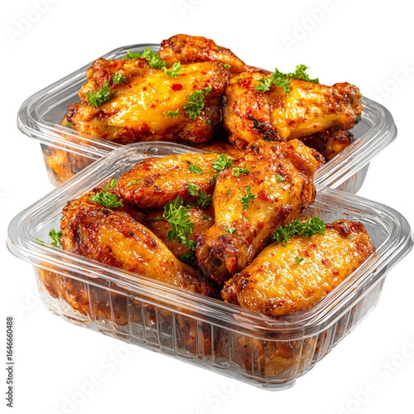 Obraz Chicken wings in plastic containers, isolated on a white background, cutout. PNG file with no shadow and high resolution