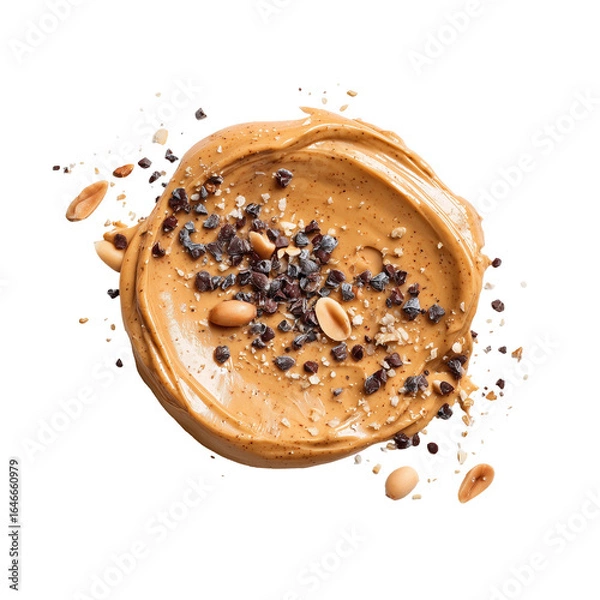 Obraz clean short round curved swatch of a sandy-textured peanut butter spread mixed with tiny chocolate pieces and with some peanuts