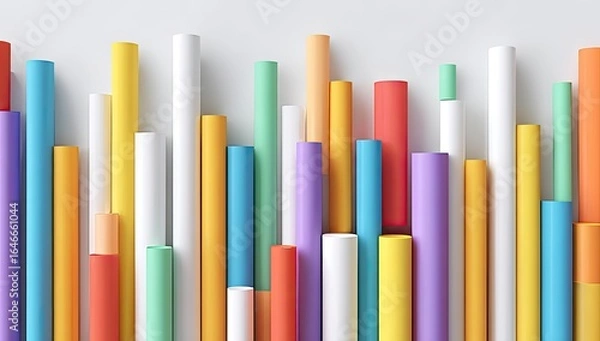 Fototapeta A vibrant array of pastel-colored cylinders of varying heights, arranged in an irregular pattern against a stark white background, resembling a stylized bar graph or abstract landscape