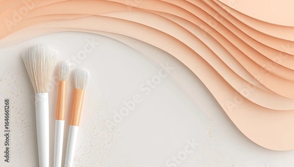Fototapeta Two makeup brushes rest on a white surface, beside an abstract peach-toned layered paper wave design with subtle speckles