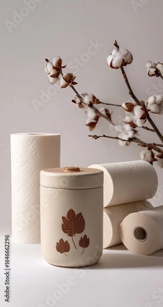 Fototapeta Beige container with leaf design sits amongst three rolls of white textured paper towels; cotton branch in background against a light grey backdrop