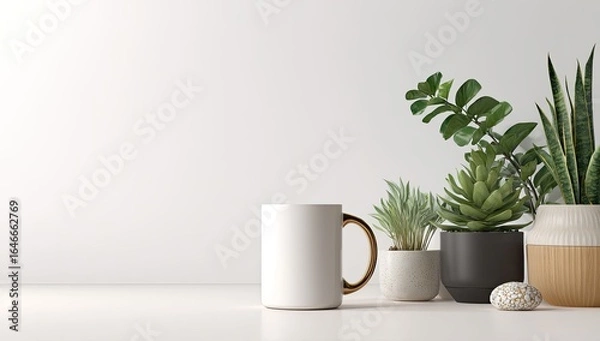 Fototapeta A minimalist scene features a white mug with a gold handle, situated next to several potted succulents and plants against a stark white background