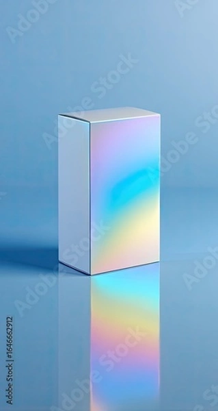 Fototapeta Iridescent cube-shaped box on a reflective, light blue surface; pastel rainbow gradient effect on one side; clean minimalist aesthetic