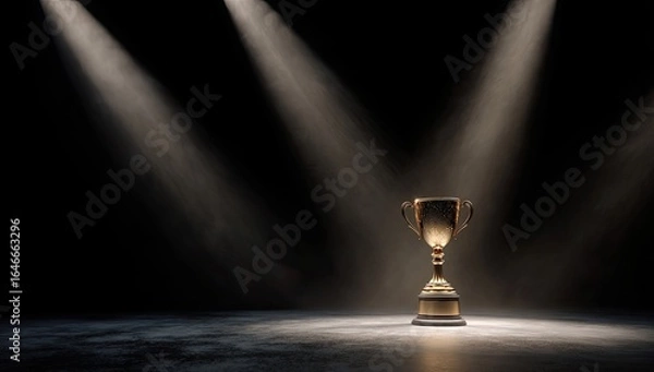 Fototapeta A golden trophy sits center stage, illuminated by three spotlights in a dark, smoky environment.  The base rests on a textured, dark surface