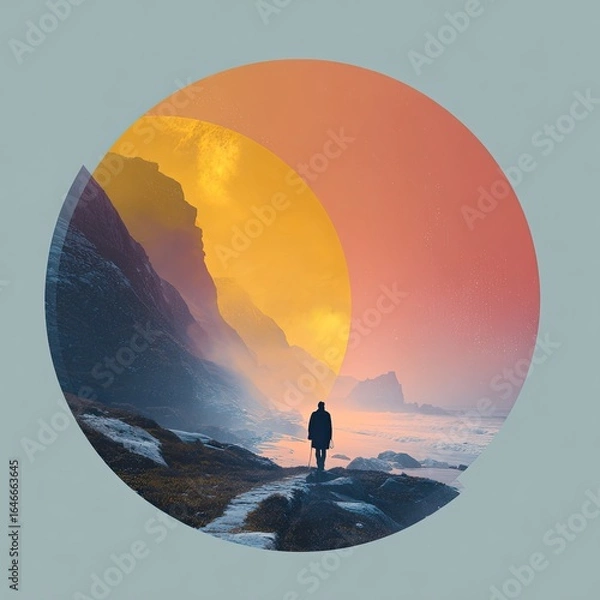 Fototapeta Solitary figure walks coastal path at dawn, framed by a circular, layered sunset over misty mountains and icy shoreline