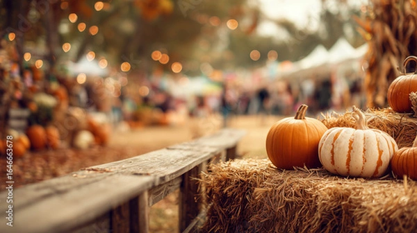 Obraz Autumn Daze Festival, row of pumpkins and hay bales along a wooden fence, blurred festival in background