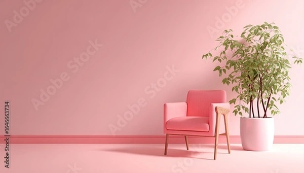Fototapeta A minimalist rendering of a pink armchair and potted plant against a pale pink wall, bathed in soft light