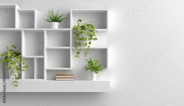 Fototapeta A minimalist white wall shelf unit with various sized cubbies, displaying potted plants and a stack of books