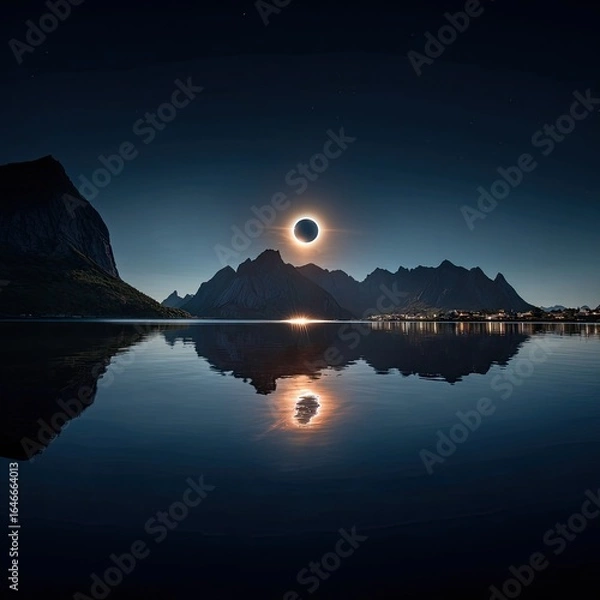 Fototapeta Annular solar eclipse over calm water, reflecting mountains and a ring of fire effect in the dark sky
