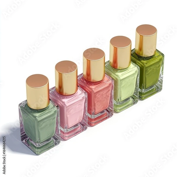 Fototapeta Five square-shaped nail polish bottles with gold lids, showcasing pastel green, light pink, and coral shades, arranged in a row against a white background, casting subtle shadows