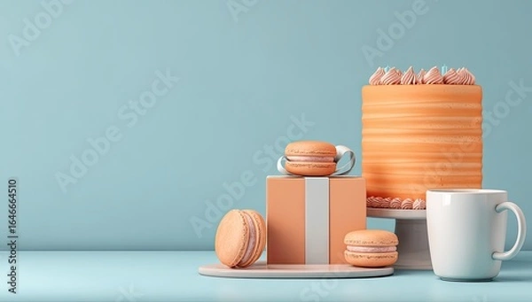 Fototapeta A pastel orange layered cake on a stand, next to a small gift box with macarons and a coffee mug, all against a light blue background