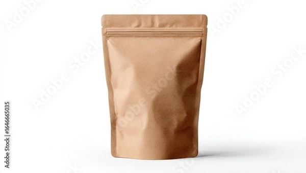 Fototapeta A light brown, stand-up pouch with a resealable zipper top, isolated on a white background.  The bag is slightly creased, suggesting a flexible material