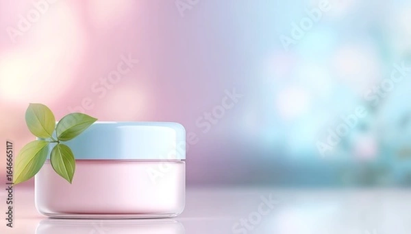 Fototapeta Pastel pink cream jar with light blue lid and green leaves rests on a white surface against a soft pink and blue bokeh background