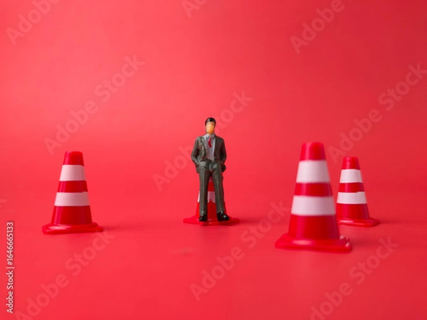 Fototapeta The image features a miniature figurine of a person standing on a traffic cone, with three other traffic cones on a red background