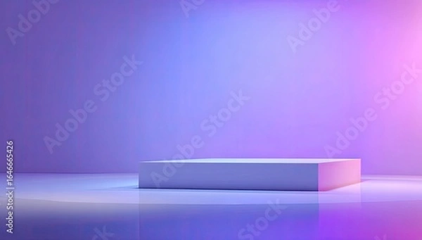 Fototapeta A minimalist, light-grey platform sits centrally on a reflective surface, bathed in a vibrant, diffused purple and blue gradient backdrop