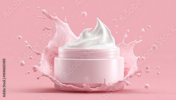 Fototapeta A pink jar of creamy lotion is encircled by a dynamic pink liquid splash, suggesting freshness and luxurious texture against a solid pink background