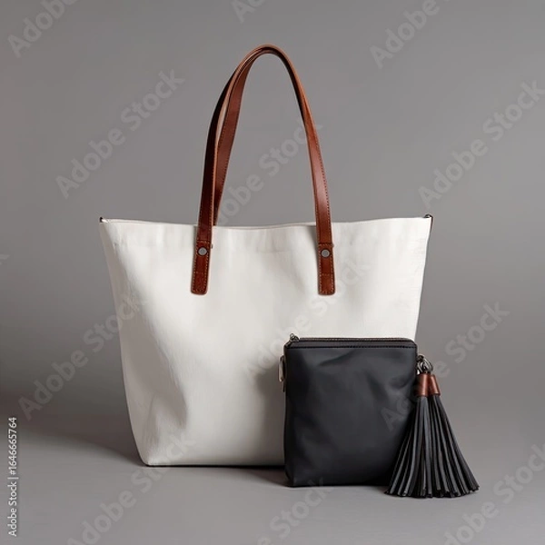 Fototapeta Off-white tote bag with brown leather handles and a smaller black zippered pouch with a black tassel