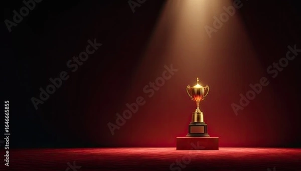 Fototapeta A gold trophy sits on a red platform, illuminated by a single spotlight against a dark red backdrop.  The scene evokes success and achievement