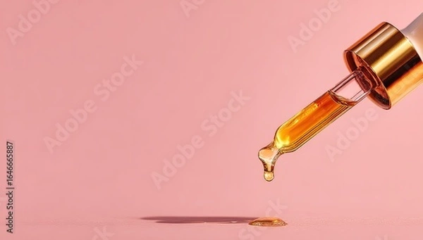 Fototapeta Amber serum drips from glass pipette onto a pale pink background;  gold-accented bottle top visible;  minimal shadow cast