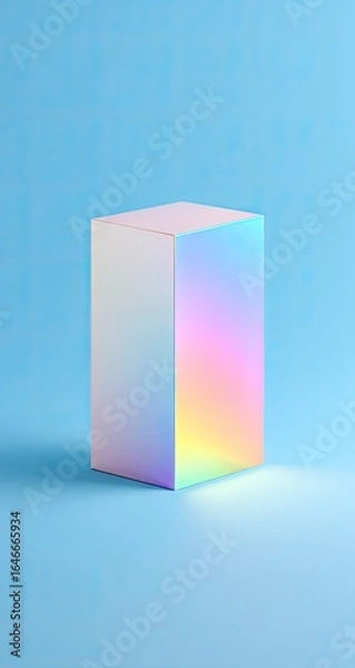 Fototapeta Iridescent cube on light blue background, subtly lit, showcasing a pastel rainbow gradient on one side, casting a soft shadow