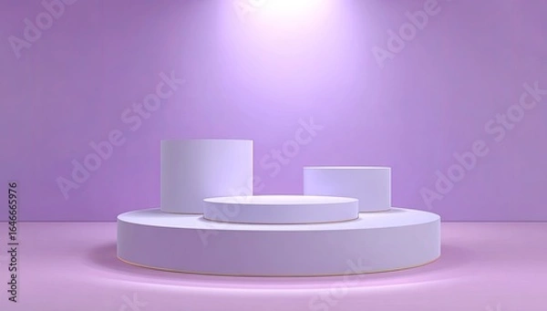 Fototapeta Three white cylindrical platforms on a larger circular base against a pale purple wall, illuminated by a spotlight