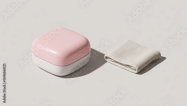 Fototapeta A pale pink, square cosmetic container with a white base sits beside a folded, off-white cleaning cloth on a light gray surface, cast with subtle shadows