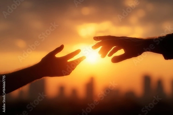 Fototapeta Two hands almost touching each other with the sun setting behind them and a blurred city in the background