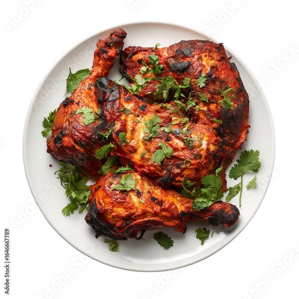 Obraz Indian tandoori chicken on white plate , top view, on a transparent background