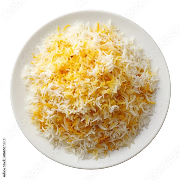 Obraz plate of Biryani Rice, white plate, isolated, no background, shot from above, as realistic as possible, bright light condition 