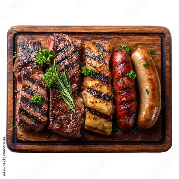 Obraz straight top view of board with grilled meats, picanha, ancho, pork rib and sausages. Isolated on white background