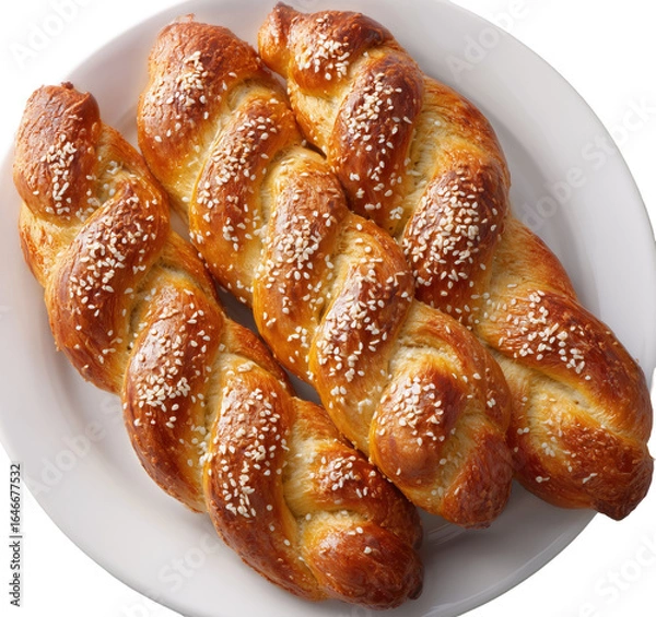 Obraz long, braided, sweet breads with sesame seeds on top, on a white plate, top view, close-up, food photography