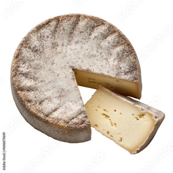 Obraz cheese isolated on white background - Top-down view of a whole Tomme de Nancy cheese wheel with a wedge cut out