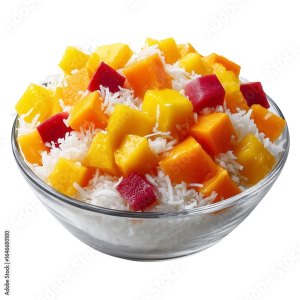 Obraz fruit salad in a bowl -tropical mixed fruit salad with mango, papaya, and coconut served in clear bowl, centered on pure white background