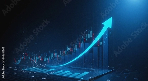 Fototapeta Blue background with arrow up and upward growing stock market graph, financial growth concept on digital screen.