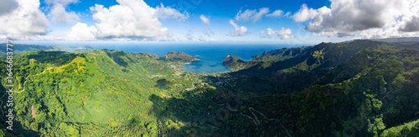 Fototapeta Magnificent aerial view of the bottom of the HANE and HOKATU valleys on the island of UA HUKA in the Marquesas archipelago in French Polynesia