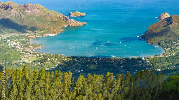 Fototapeta Magnificent aerial view of the bottom of the HANE and HOKATU valleys on the island of UA HUKA in the Marquesas archipelago in French Polynesia